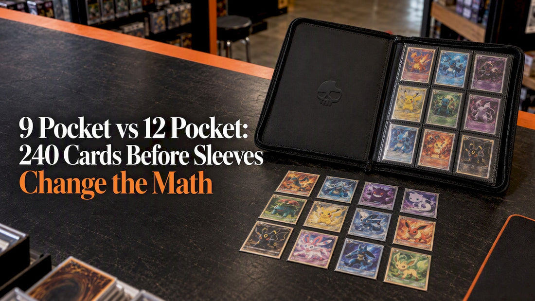 Open black nine-pocket binder beside twelve cards