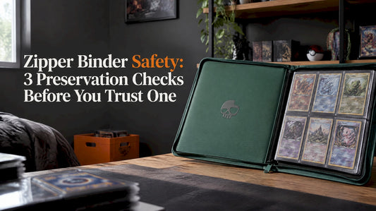 Open evergreen zip binder in a collector’s room